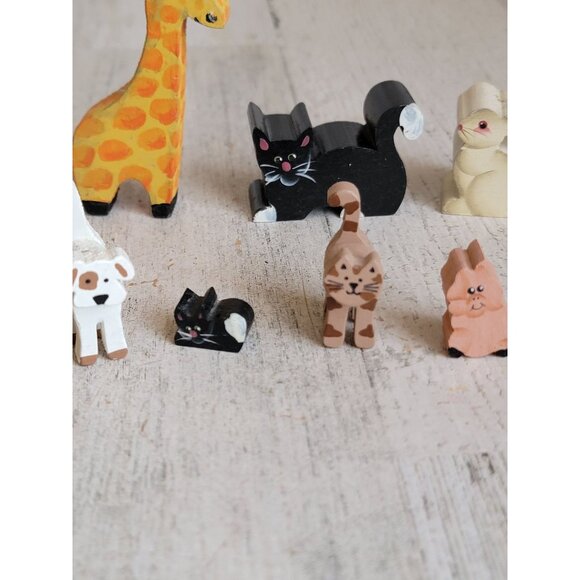 Vintage mini wooden animals giraffe skunk pig dog cat bunny set decor unique - Picture 6 of 7